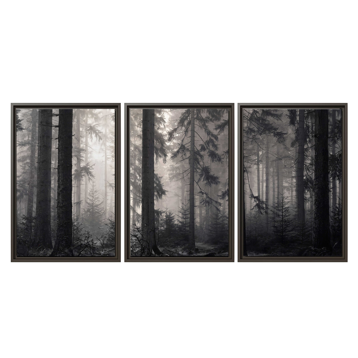 Tall woodland trees fading into pale mist 3 piece framed canvas wall art viewed straight on