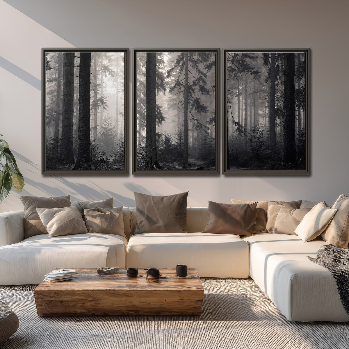 Tall woodland trees fading into pale mist 3 piece framed canvas wall art displayed in a living room