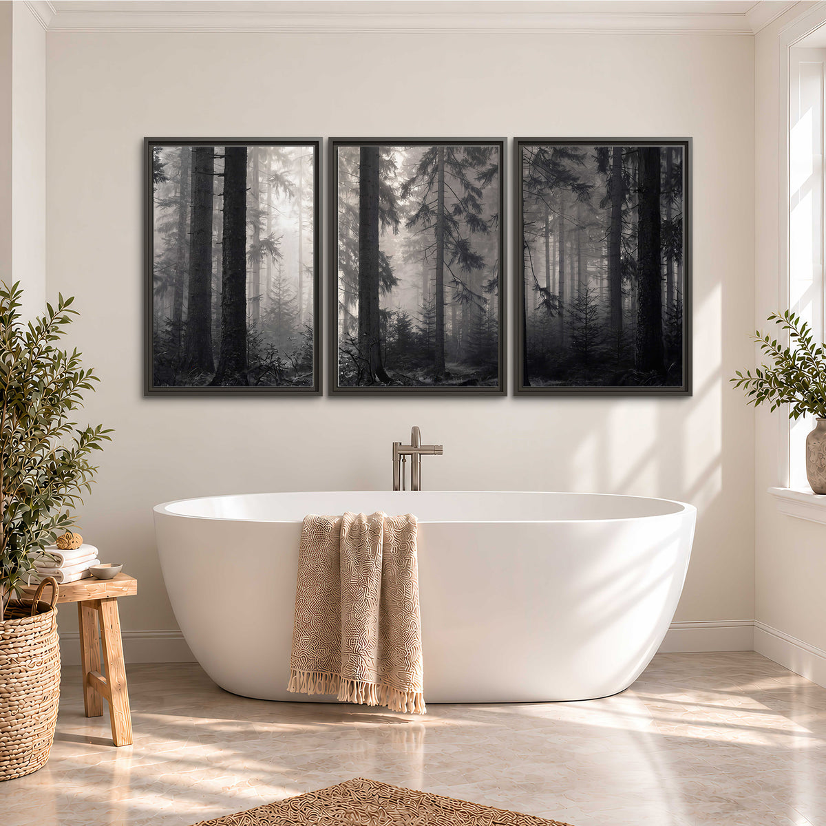 Tall woodland trees fading into pale mist 3 piece framed canvas wall art styled in an interior