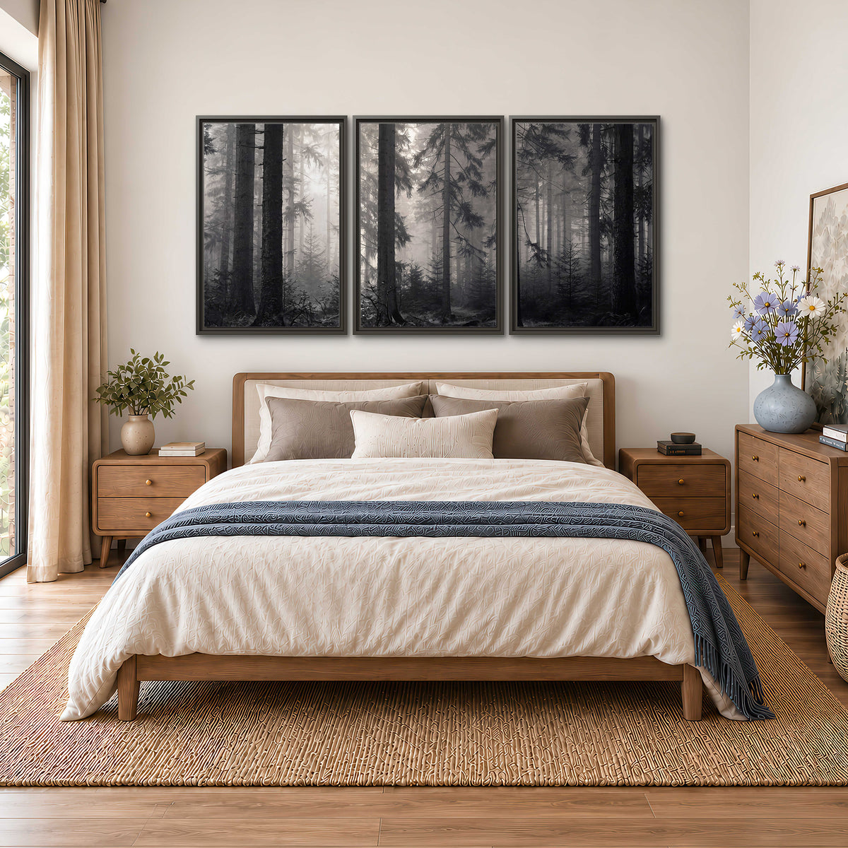 Tall woodland trees fading into pale mist 3 piece framed canvas wall art styled in an interior