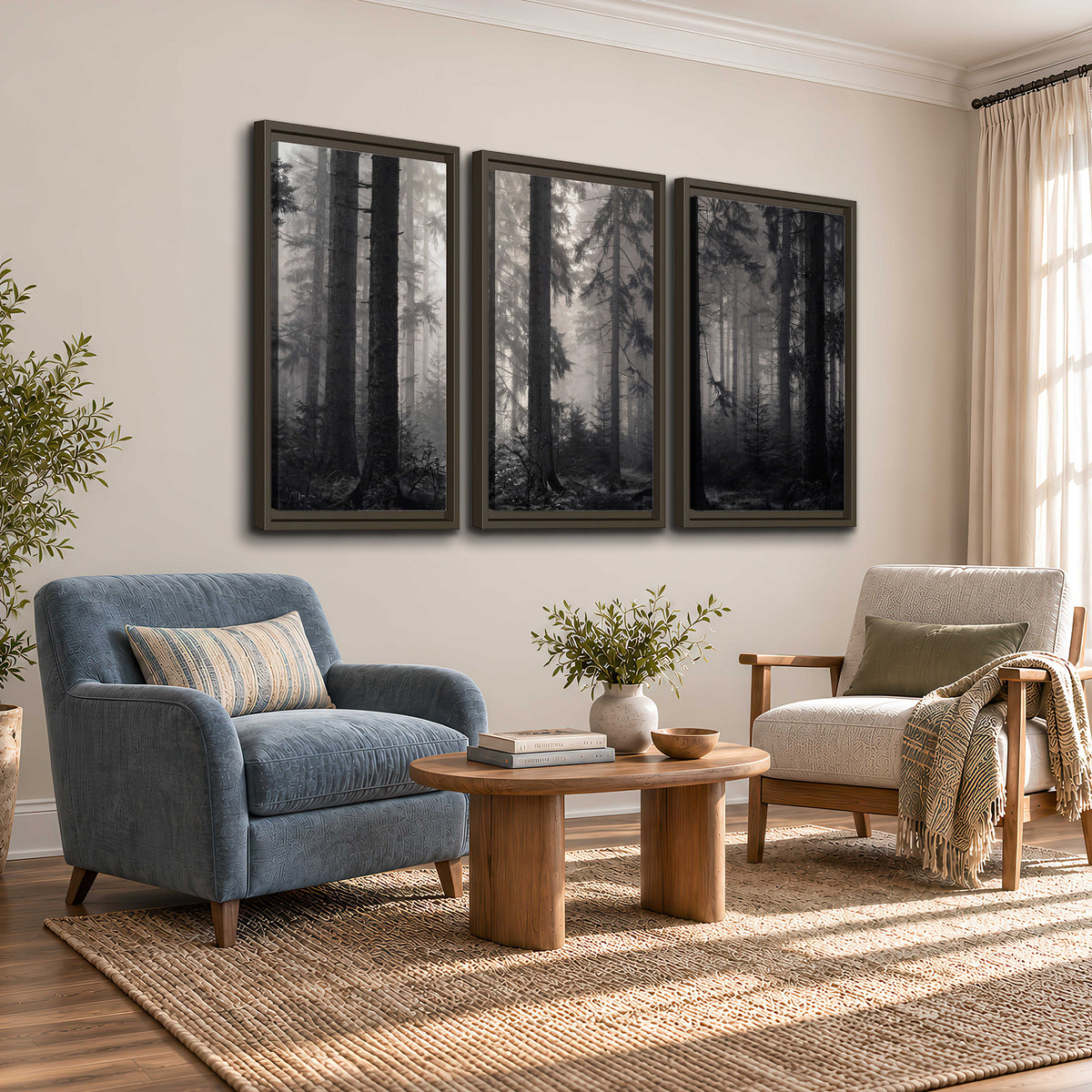 Tall woodland trees fading into pale mist 3 piece framed canvas wall art styled in an interior