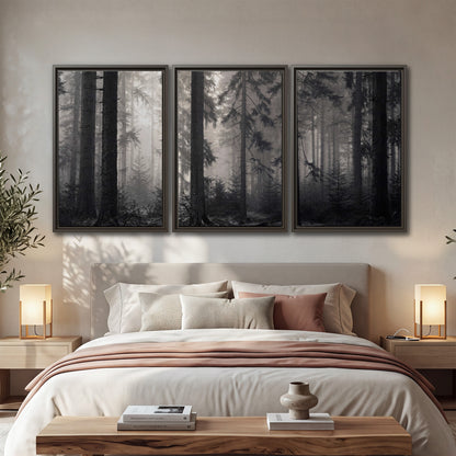 Tall woodland trees fading into pale mist 3 piece framed canvas wall art displayed in a bedroom