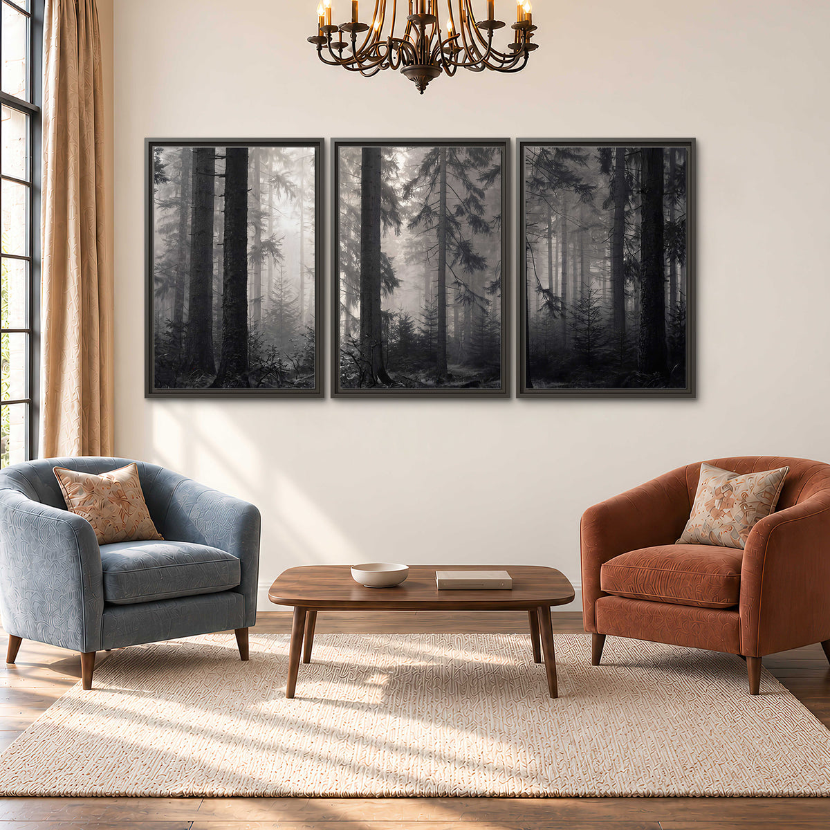 Tall woodland trees fading into pale mist 3 piece framed canvas wall art styled in an interior