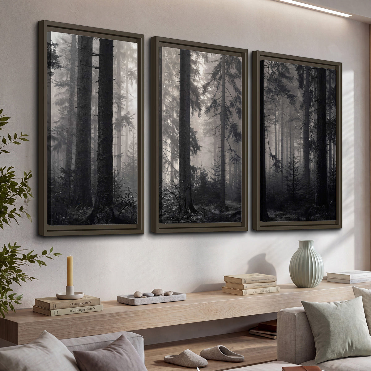 Tall woodland trees fading into pale mist 3 piece framed canvas wall art displayed in a console