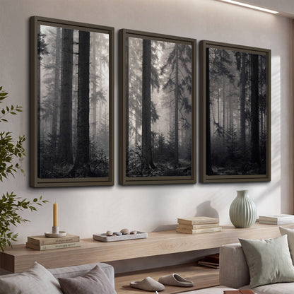 Tall woodland trees fading into pale mist 3 piece framed canvas wall art displayed in a console