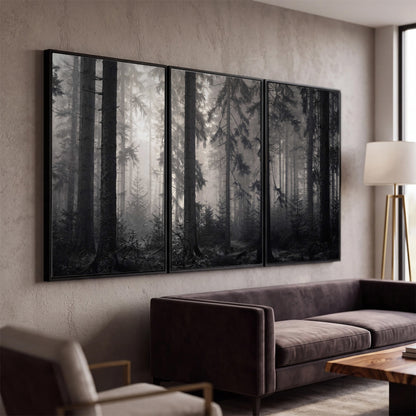 Tall woodland trees fading into pale mist 3 piece framed canvas wall art displayed in a modern living room