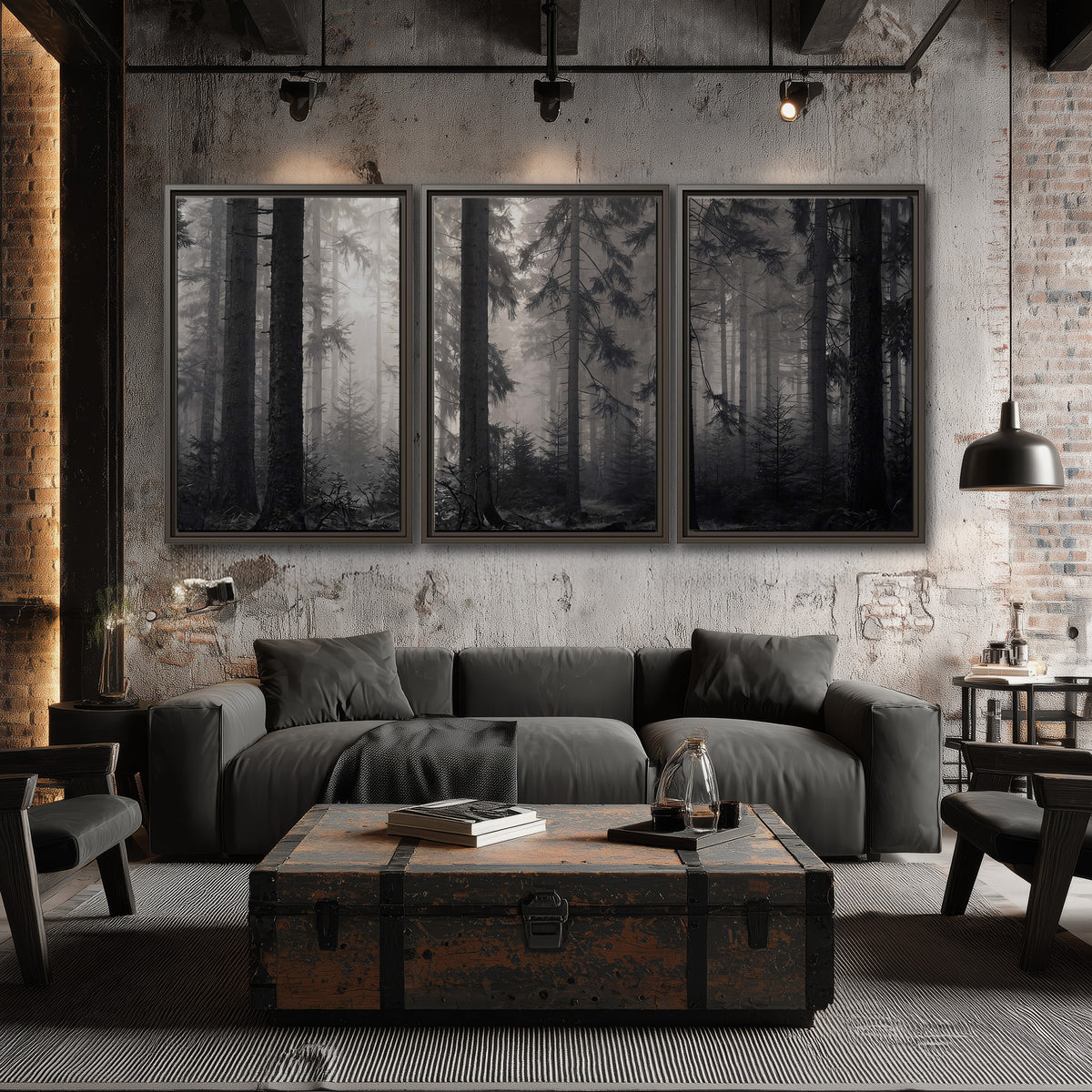 Tall woodland trees fading into pale mist 3 piece framed canvas wall art displayed in a industrial room