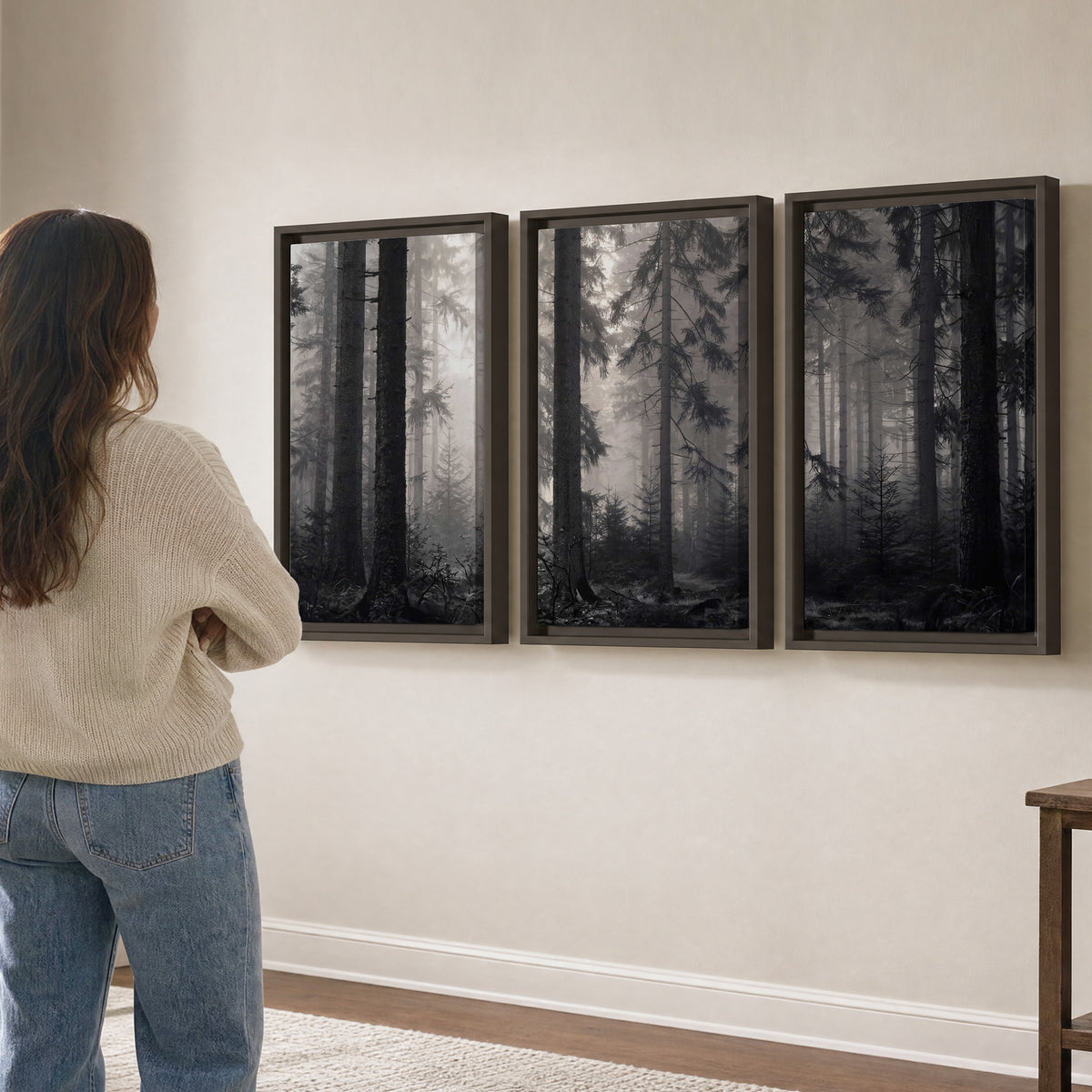 Tall woodland trees fading into pale mist 3 piece framed canvas wall art three panel arrangement on a wall