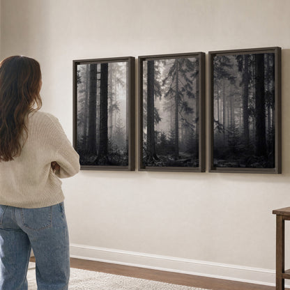 Tall woodland trees fading into pale mist 3 piece framed canvas wall art three panel arrangement on a wall