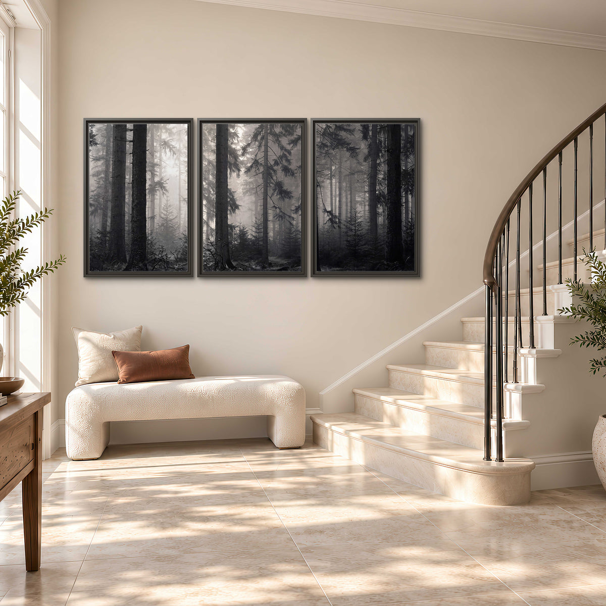 Tall woodland trees fading into pale mist 3 piece framed canvas wall art styled in an interior