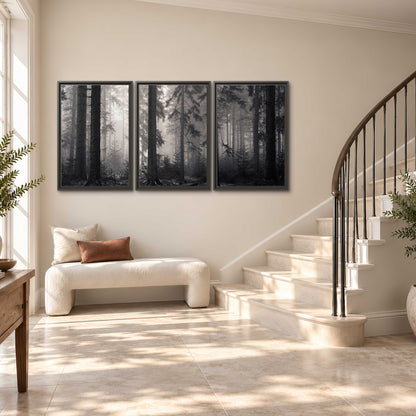 Tall woodland trees fading into pale mist 3 piece framed canvas wall art styled in an interior