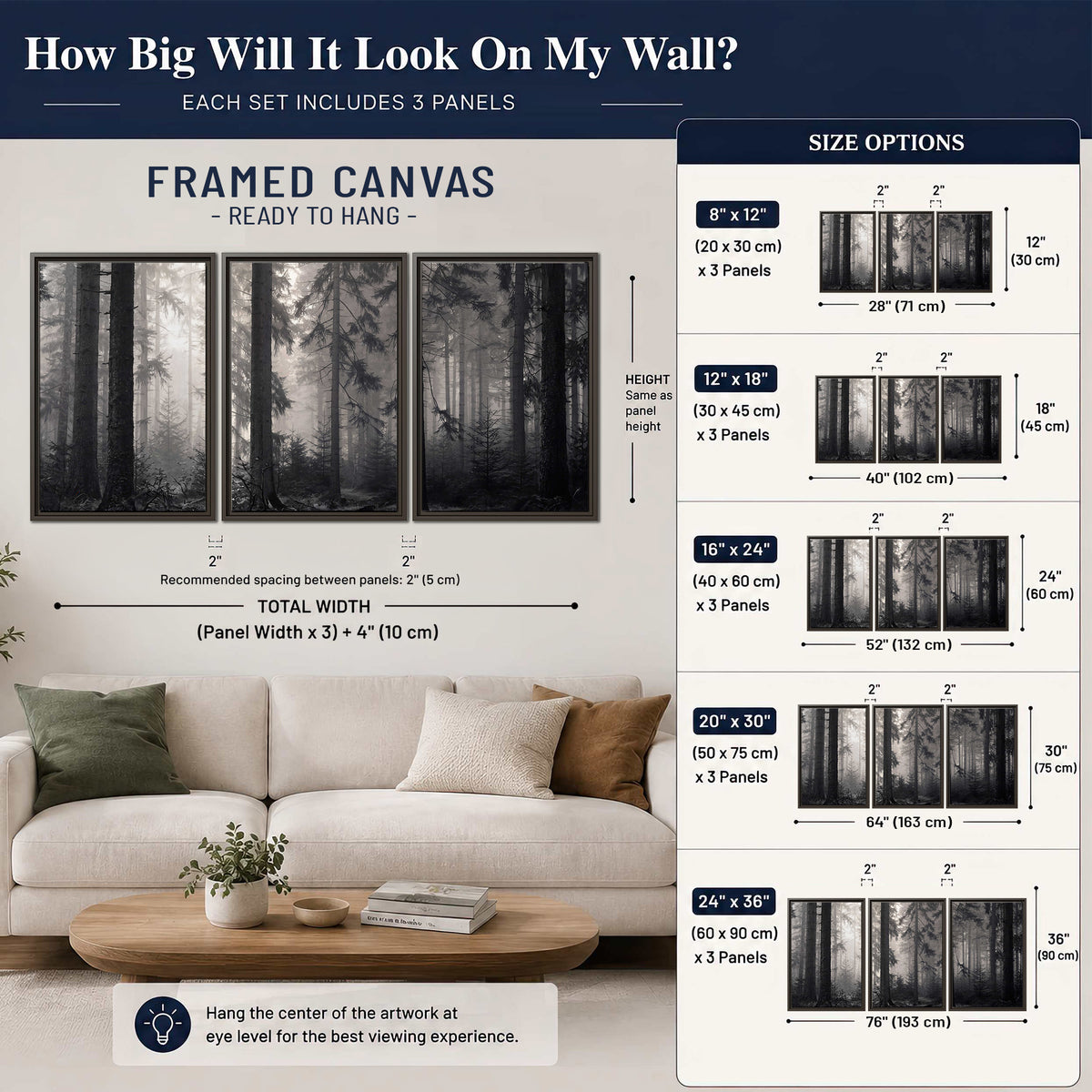 Tall woodland trees fading into pale mist 3 piece framed canvas wall art size guide above a sofa; room view is illustrative