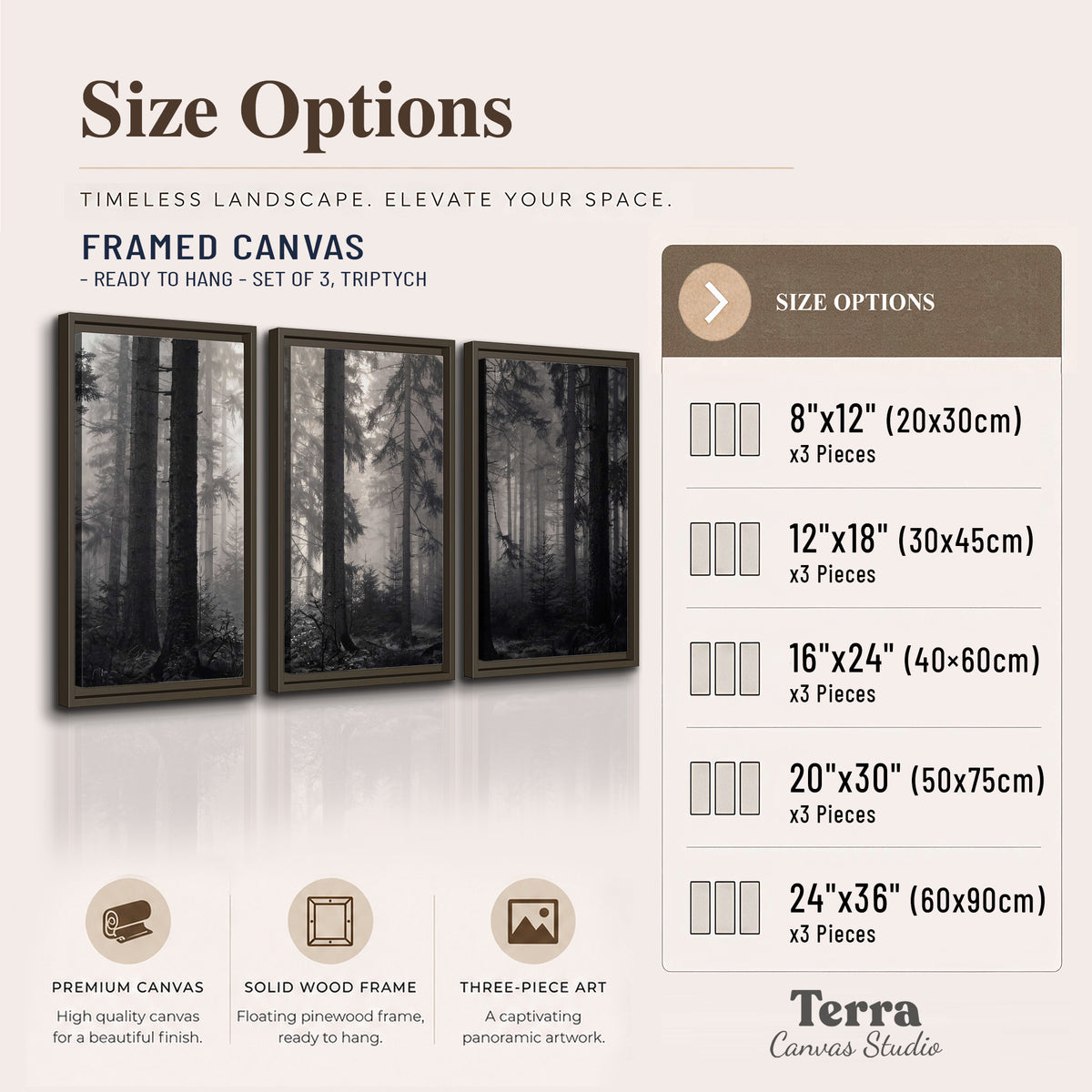 Tall woodland trees fading into pale mist 3 piece framed canvas wall art available dimensions; triptych dimensions are per panel