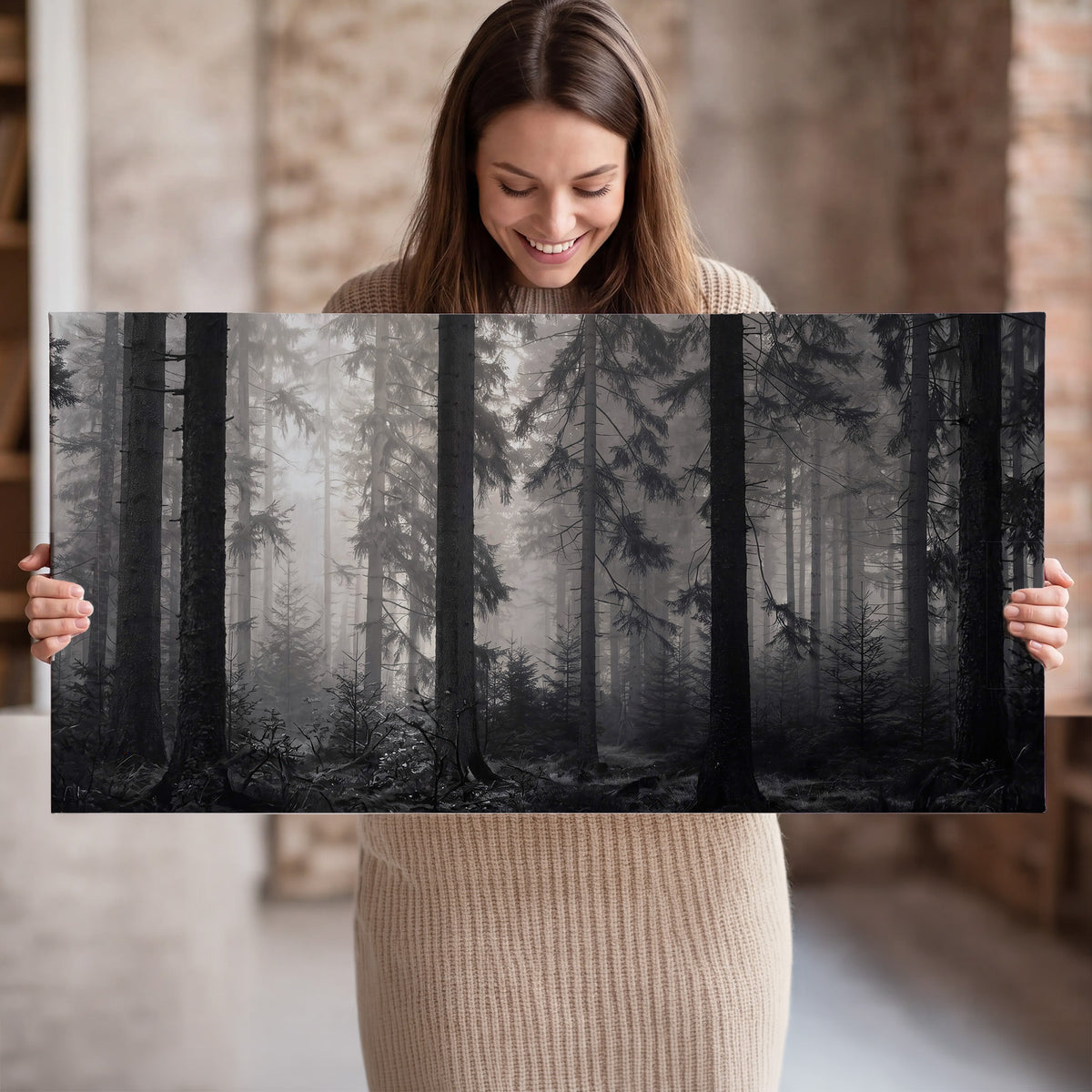 Tall woodland trees fading into pale mist single canvas wall art held in hands