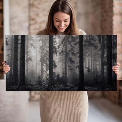 Tall woodland trees fading into pale mist single canvas wall art held in hands