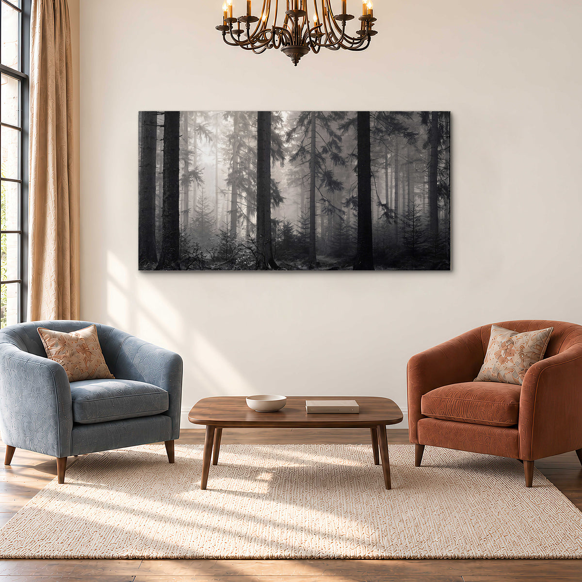 Tall woodland trees fading into pale mist single canvas wall art styled in an interior