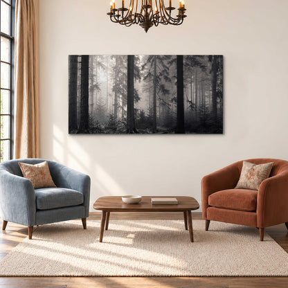 Tall woodland trees fading into pale mist single canvas wall art styled in an interior
