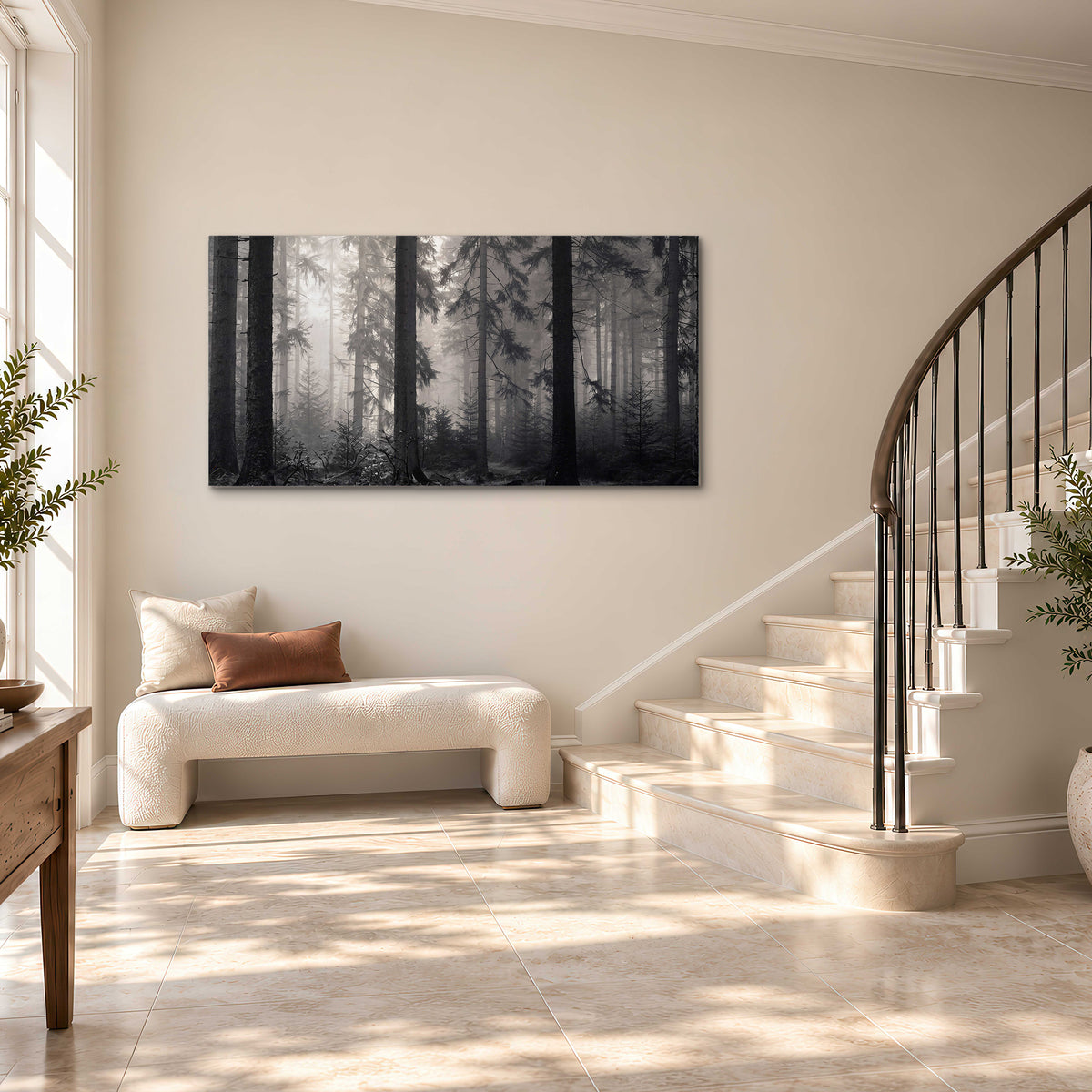 Tall woodland trees fading into pale mist single canvas wall art styled in an interior