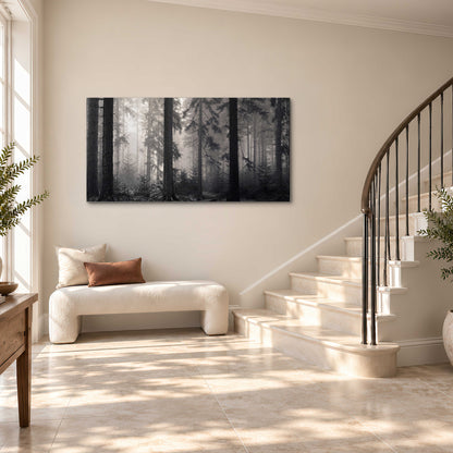 Tall woodland trees fading into pale mist single canvas wall art styled in an interior
