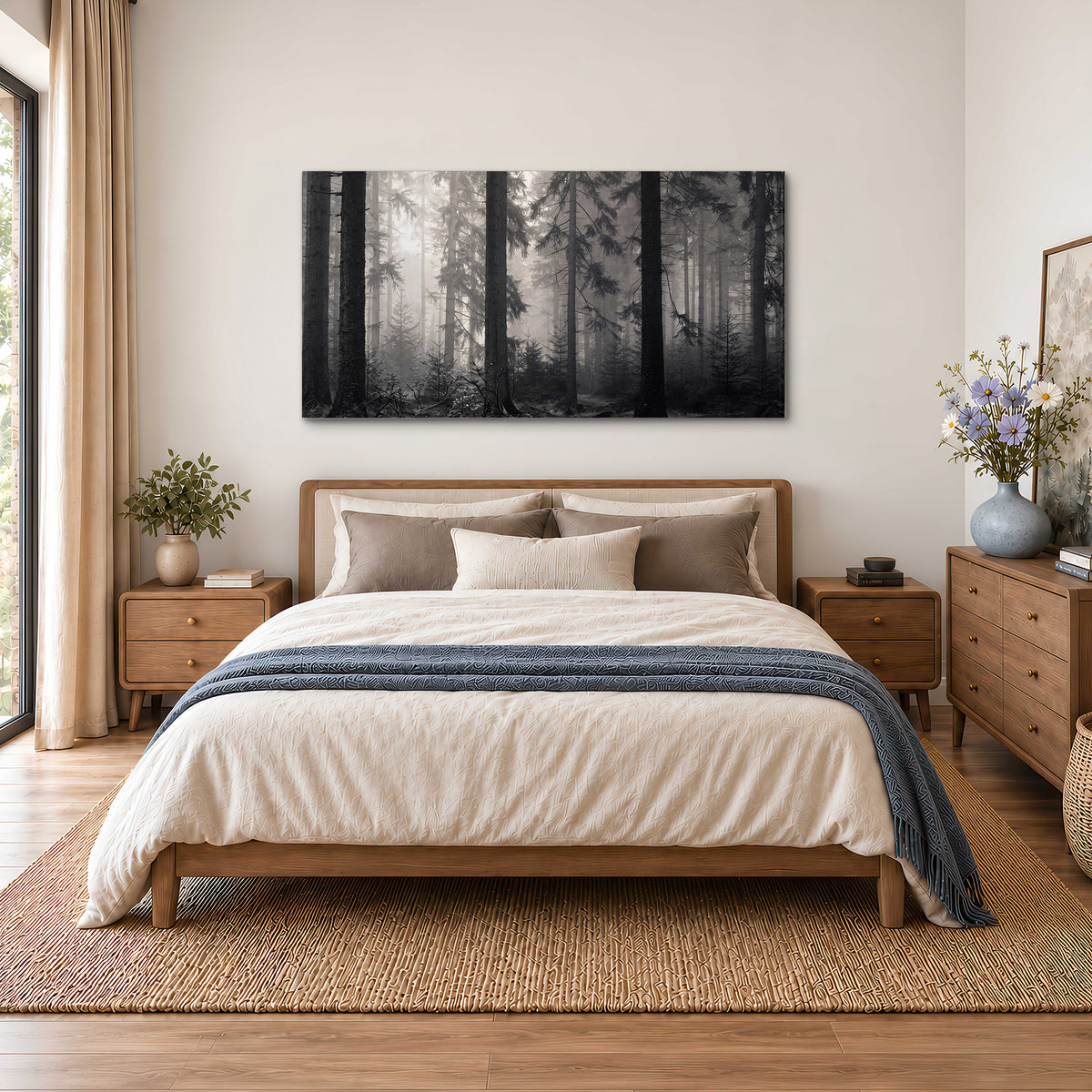 Tall woodland trees fading into pale mist single canvas wall art styled in an interior