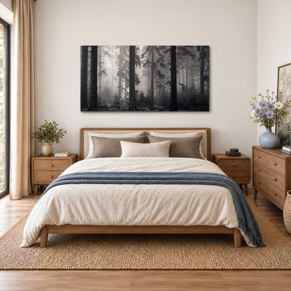 Tall woodland trees fading into pale mist single canvas wall art styled in an interior