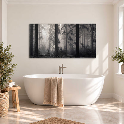 Tall woodland trees fading into pale mist single canvas wall art styled in an interior
