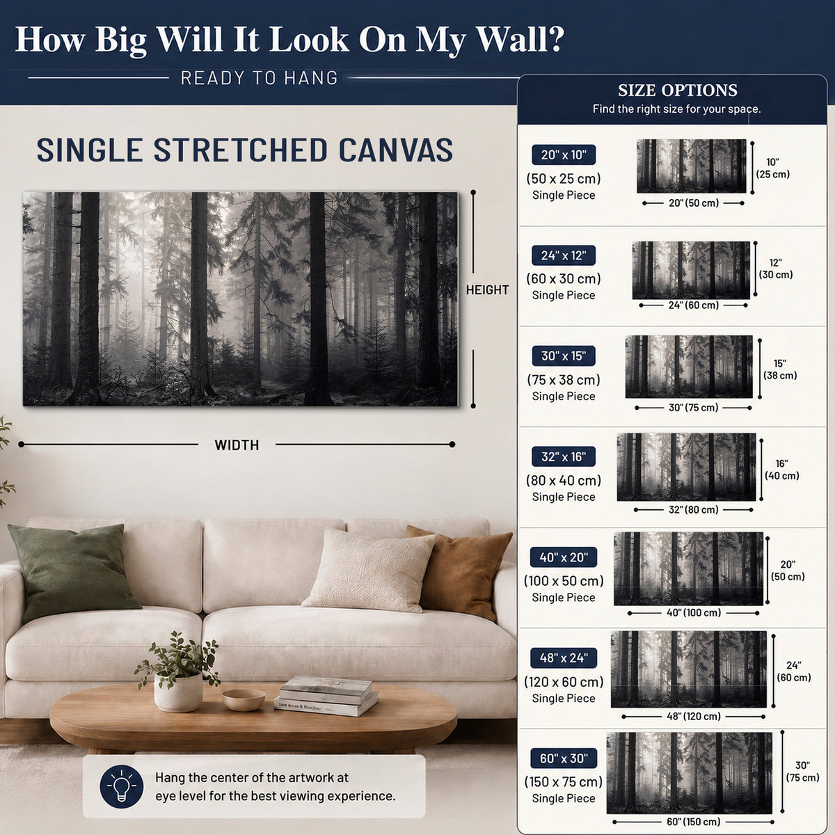Tall woodland trees fading into pale mist single canvas wall art size guide above a sofa; room view is illustrative