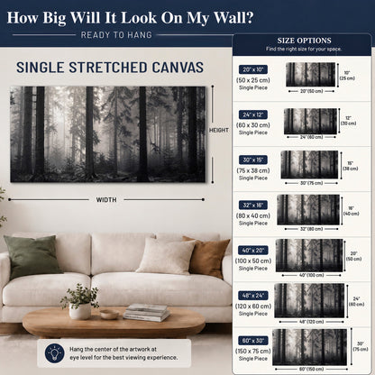 Tall woodland trees fading into pale mist single canvas wall art size guide above a sofa; room view is illustrative