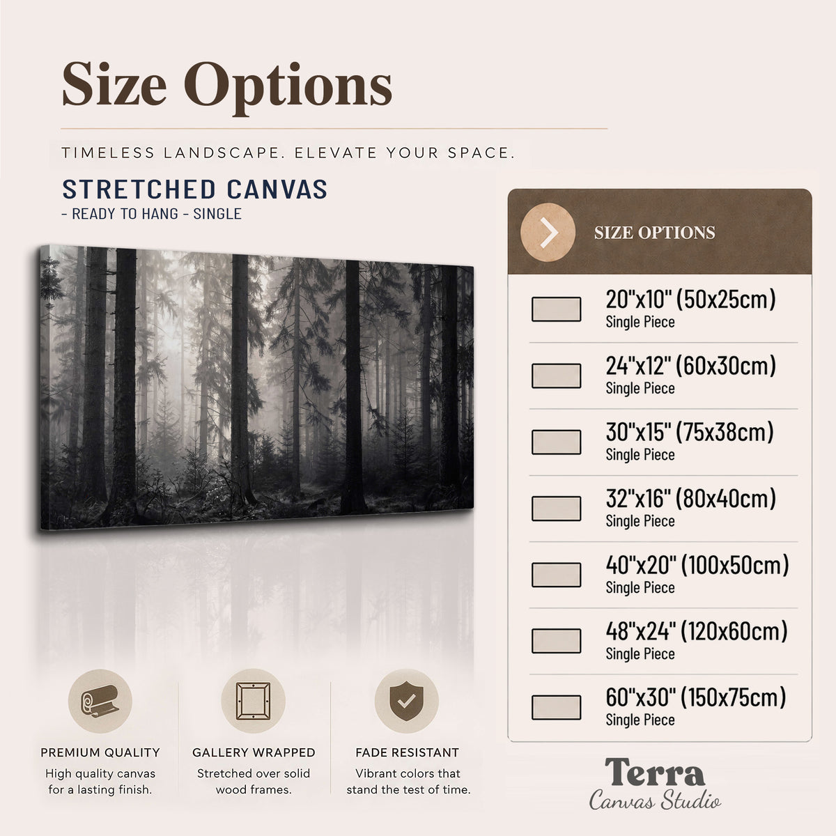 Tall woodland trees fading into pale mist single canvas wall art available dimensions