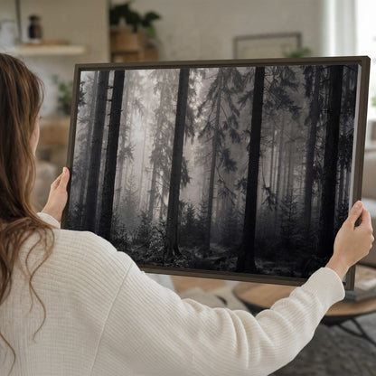 Tall woodland trees fading into pale mist single framed canvas wall art held in hands