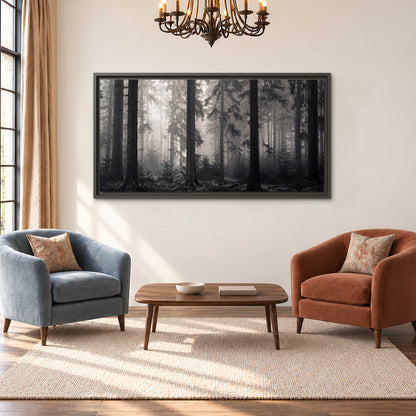 Tall woodland trees fading into pale mist single framed canvas wall art styled in an interior