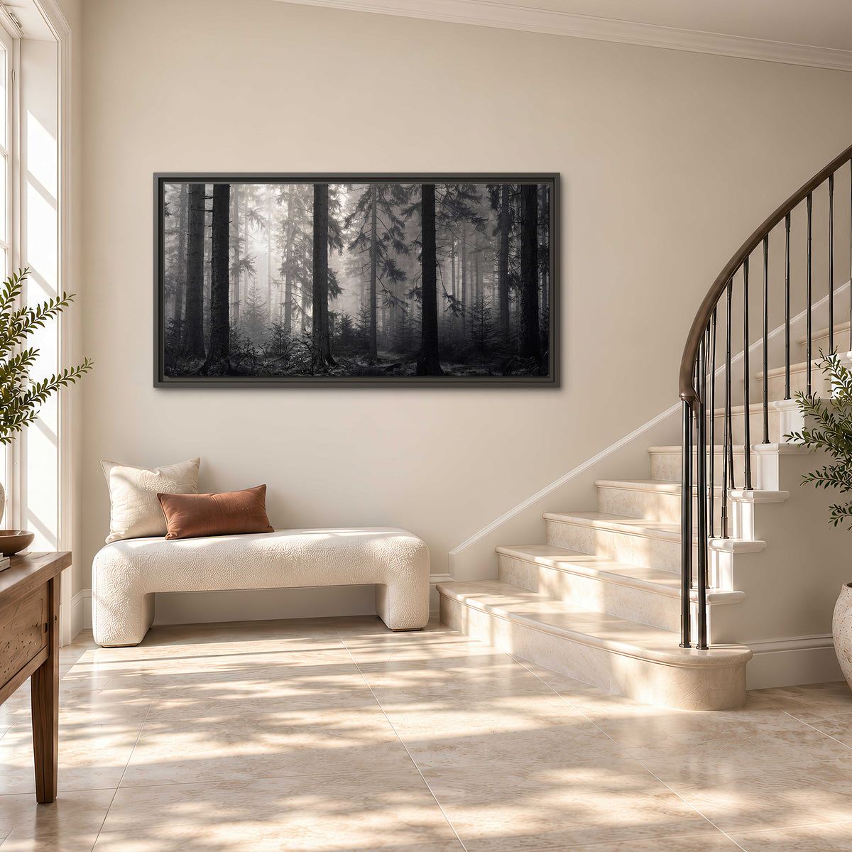 Tall woodland trees fading into pale mist single framed canvas wall art styled in an interior