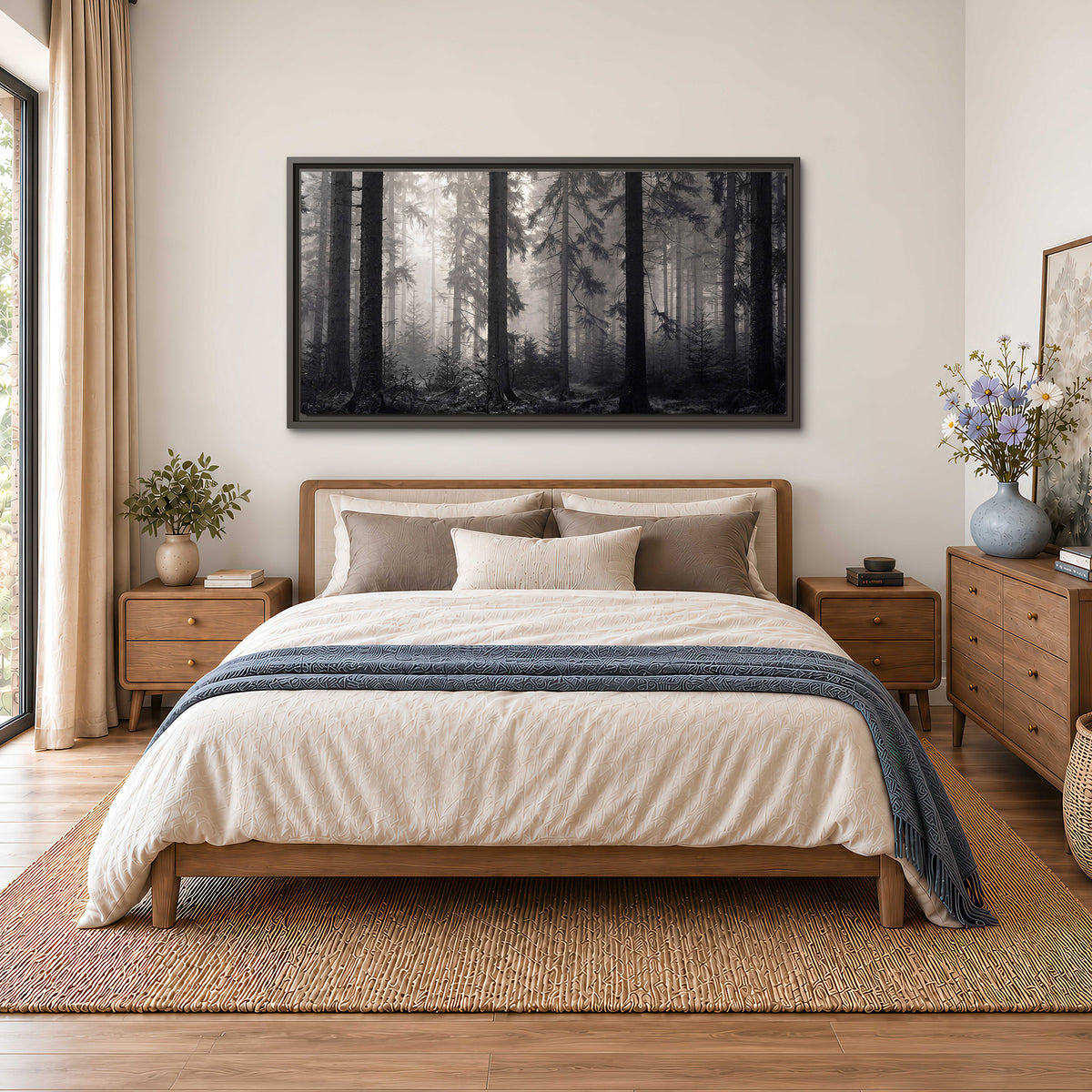 Tall woodland trees fading into pale mist single framed canvas wall art styled in an interior
