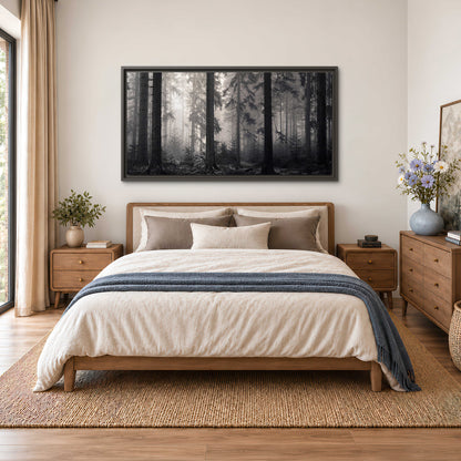 Tall woodland trees fading into pale mist single framed canvas wall art styled in an interior