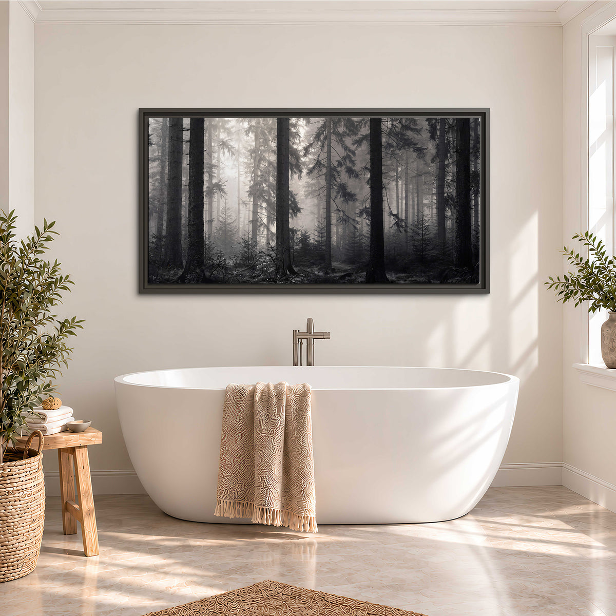 Tall woodland trees fading into pale mist single framed canvas wall art styled in an interior