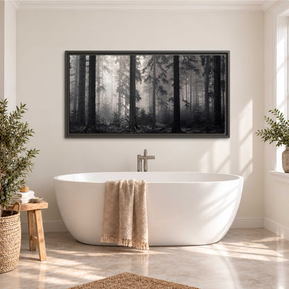 Tall woodland trees fading into pale mist single framed canvas wall art styled in an interior