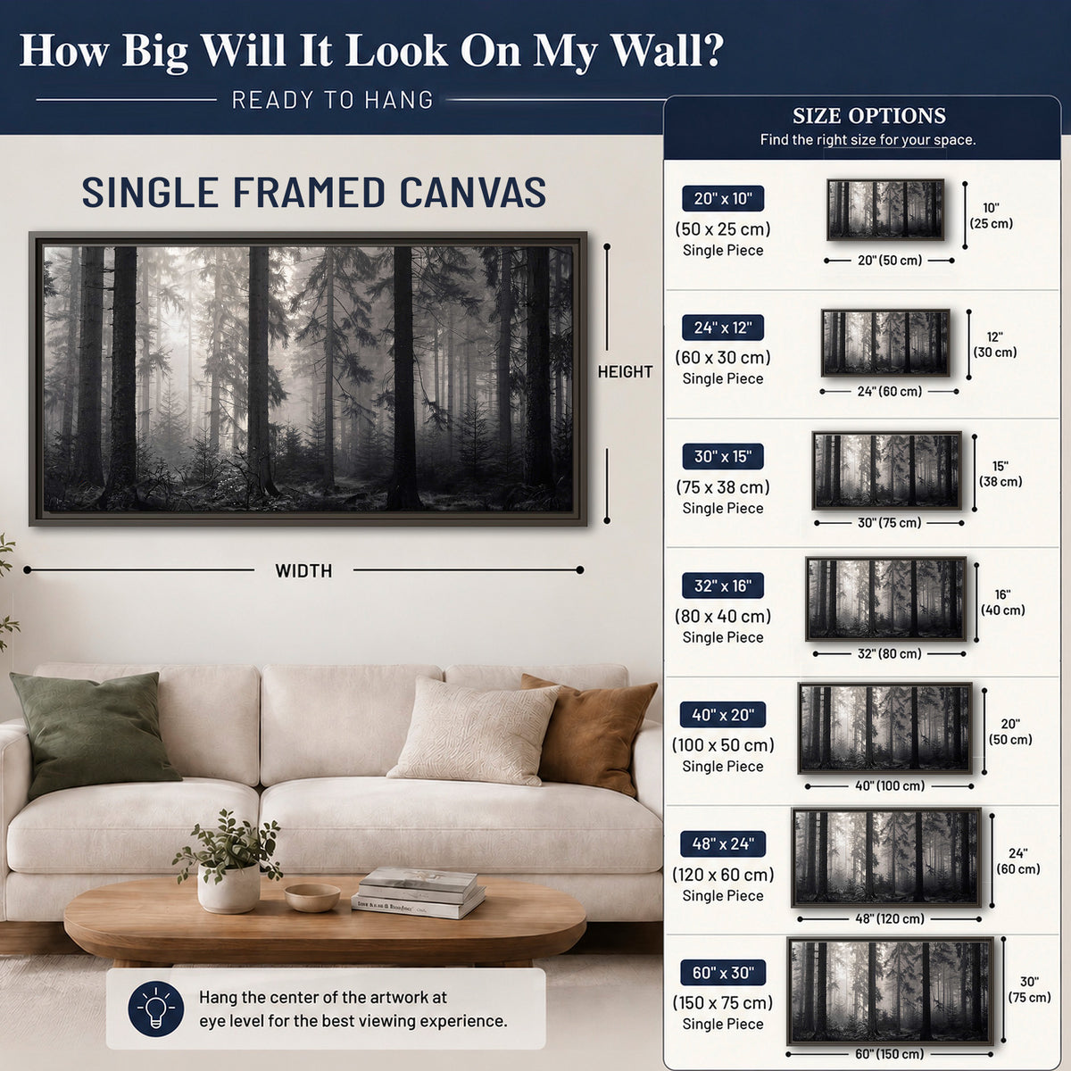 Tall woodland trees fading into pale mist single framed canvas wall art size guide above a sofa; room view is illustrative