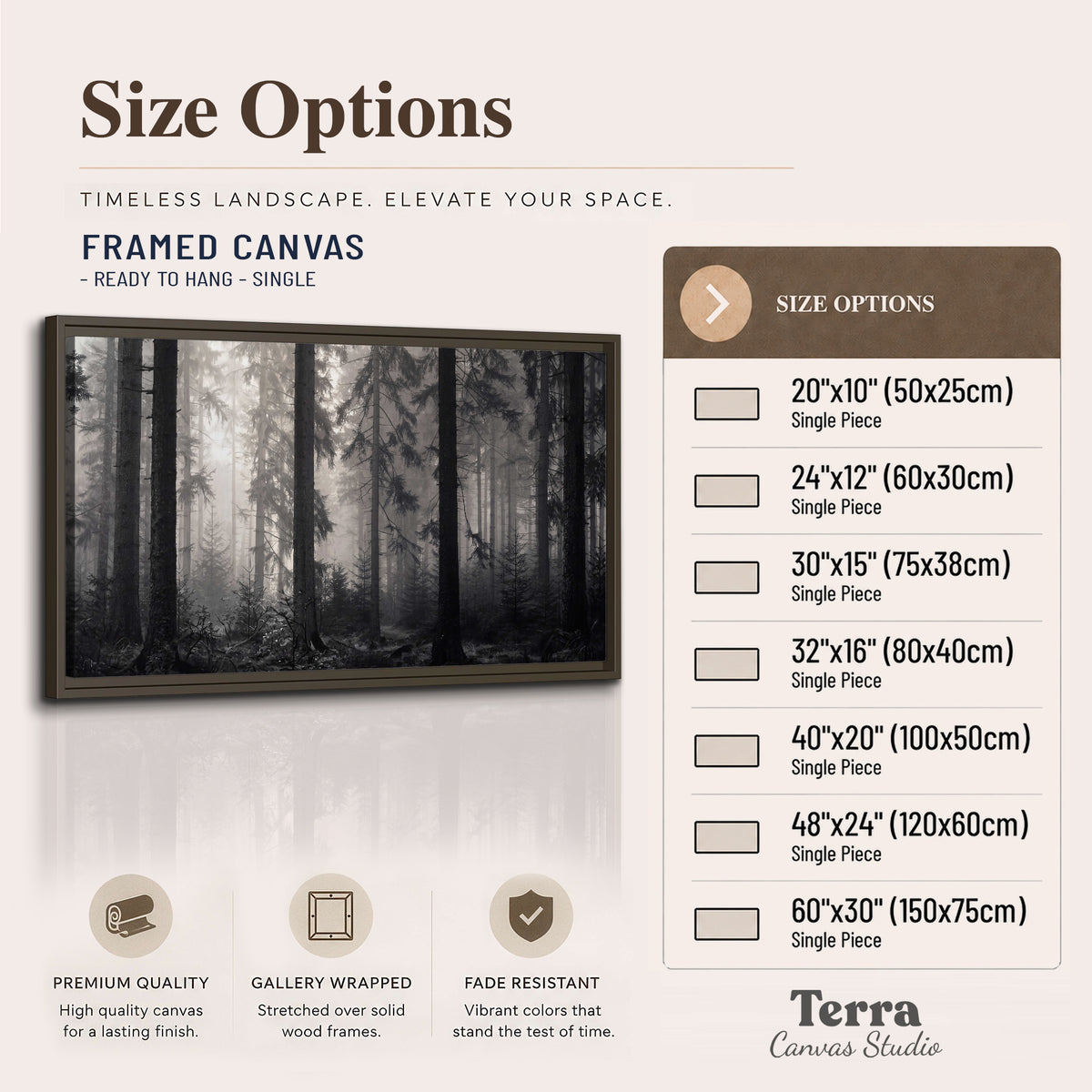 Tall woodland trees fading into pale mist single framed canvas wall art available dimensions