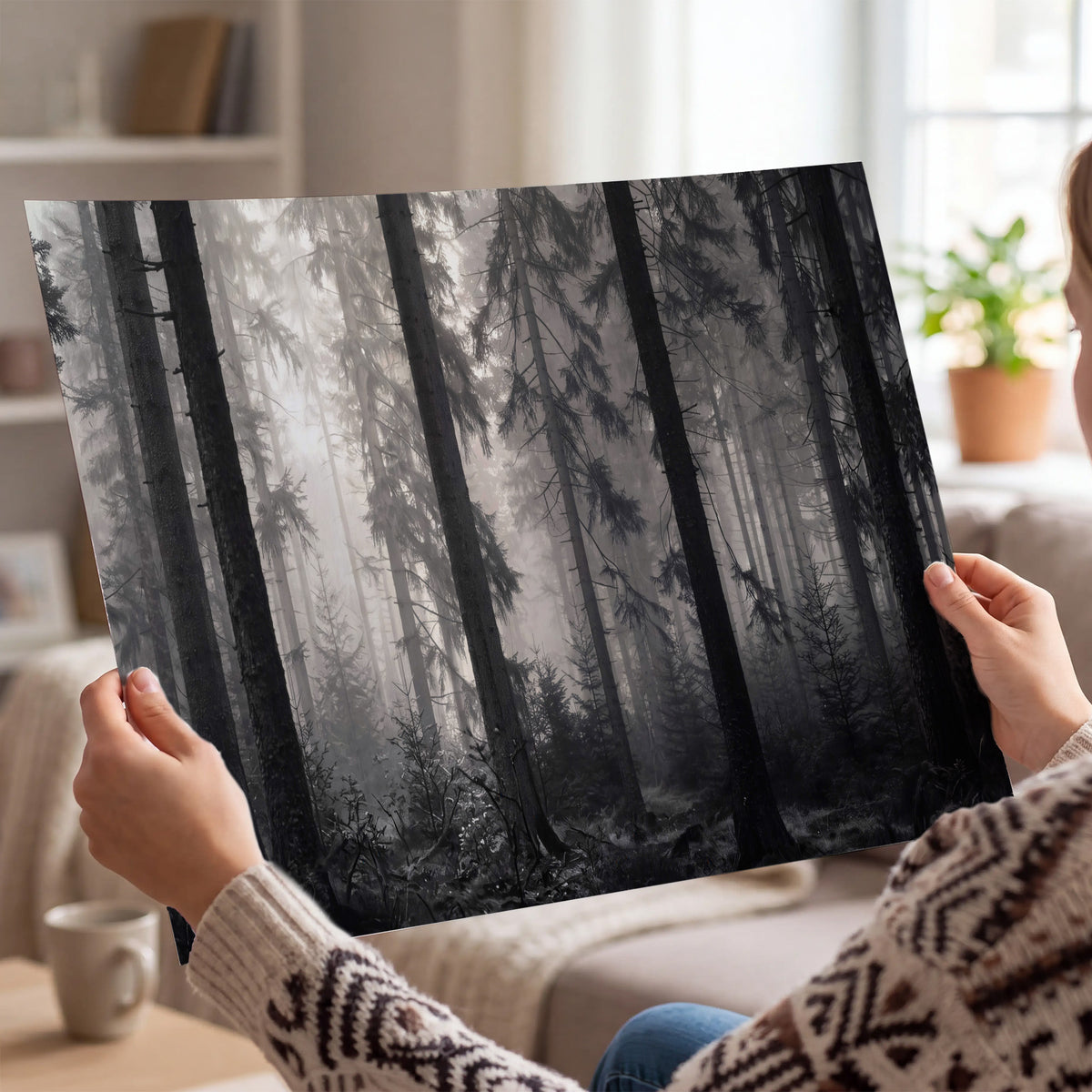 Tall woodland trees fading into pale mist single poster print held in hands