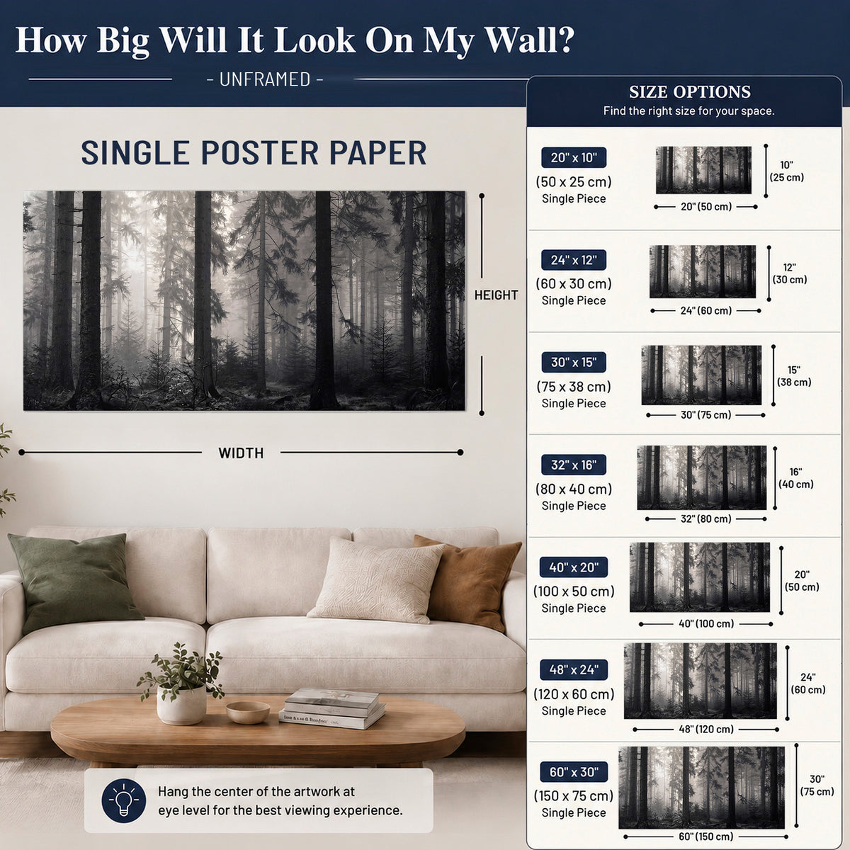 Tall woodland trees fading into pale mist single poster print size guide above a sofa; room view is illustrative