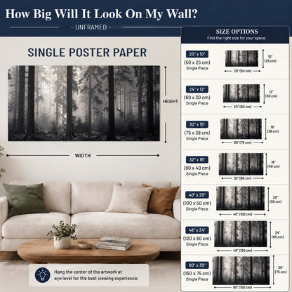 Tall woodland trees fading into pale mist single poster print size guide above a sofa; room view is illustrative