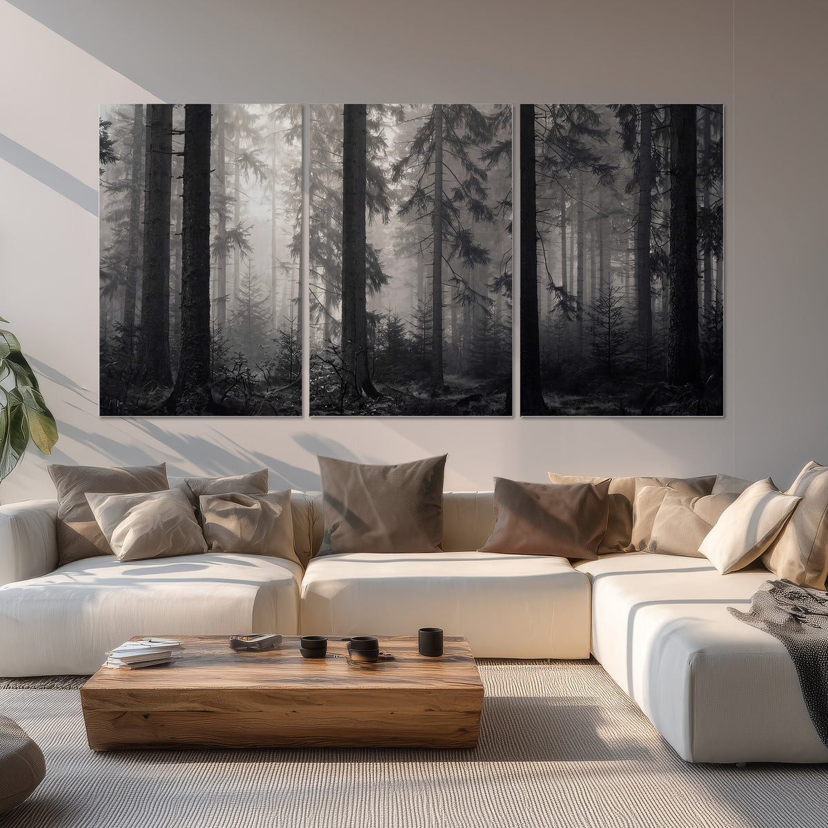 Tall woodland trees fading into pale mist set of 3 poster prints displayed in a living room