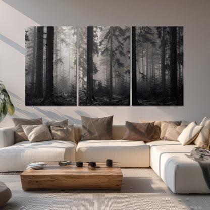 Tall woodland trees fading into pale mist set of 3 poster prints displayed in a living room