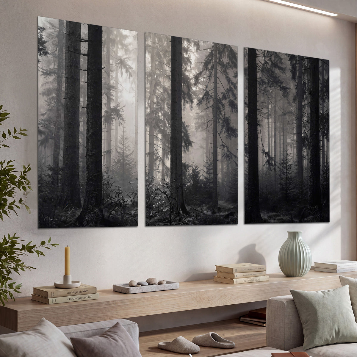 Tall woodland trees fading into pale mist set of 3 poster prints displayed in a console