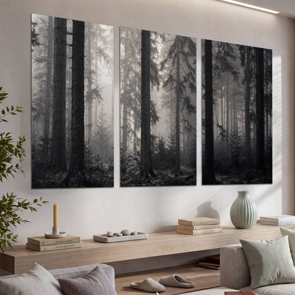 Tall woodland trees fading into pale mist set of 3 poster prints displayed in a console