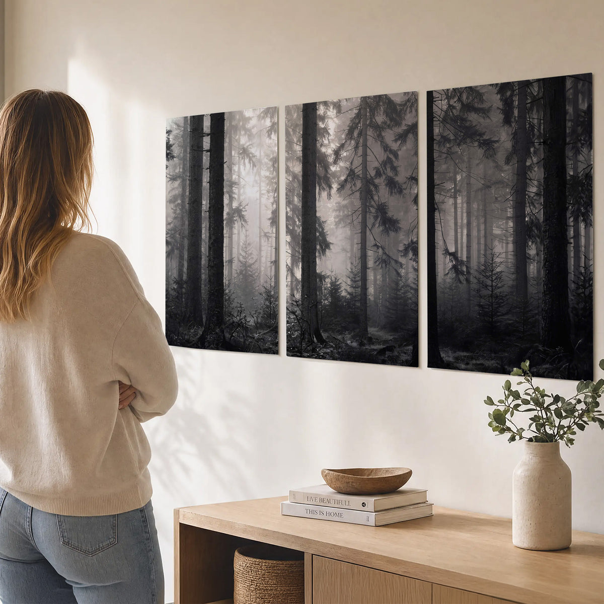 Tall woodland trees fading into pale mist set of 3 poster prints three panel arrangement on a wall