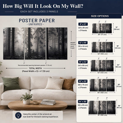 Tall woodland trees fading into pale mist set of 3 poster prints size guide above a sofa; room view is illustrative
