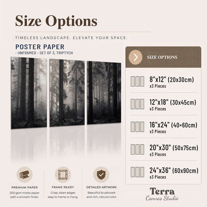 Tall woodland trees fading into pale mist set of 3 poster prints available dimensions; triptych dimensions are per panel