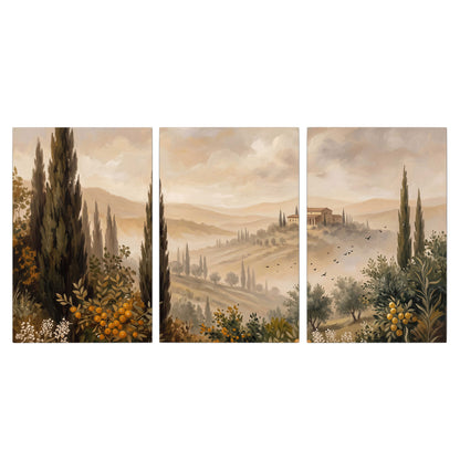 Cypress trees, distant villas and warm rolling hills 3 piece canvas wall art viewed straight on