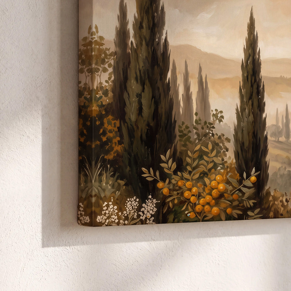 Cypress trees, distant villas and warm rolling hills 3 piece canvas wall art material and edge close up